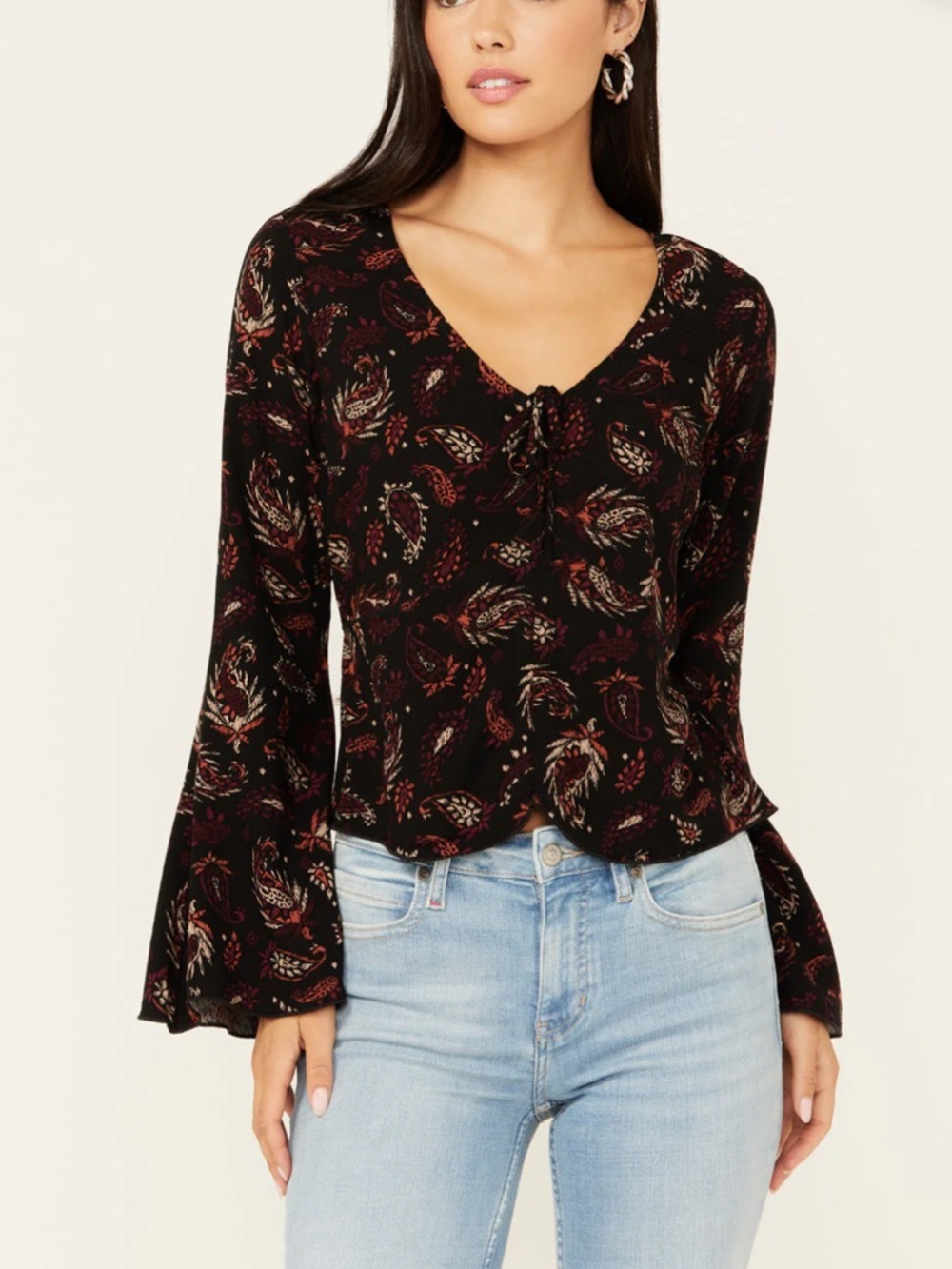 Idyllwind Black Floral Tie-Front Bell Sleeve Top